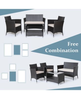 4 Pieces Patio Conversation Set with Soft Cushions and Tempered Glass Tabletop