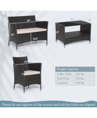 4 Pieces Patio Conversation Set with Soft Cushions and Tempered Glass Tabletop