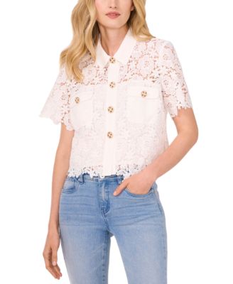 CeCe - Women's Lace Short-Sleeve Button-Up Blouse