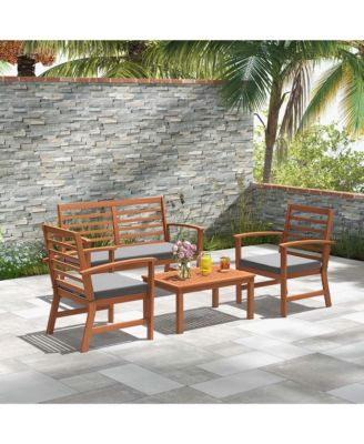 4 PCS Outdoor Furniture Set with Soft Seat Cushions Stable Acacia Wood Frame