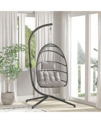 Riley Foldable Woven Hanging Egg Chair With Removable Cushion And Stand For Indoor And Outdoor Use
