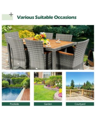 7 Pieces Patio Acacia Wood Cushioned PE Rattan Wicker Dining Set