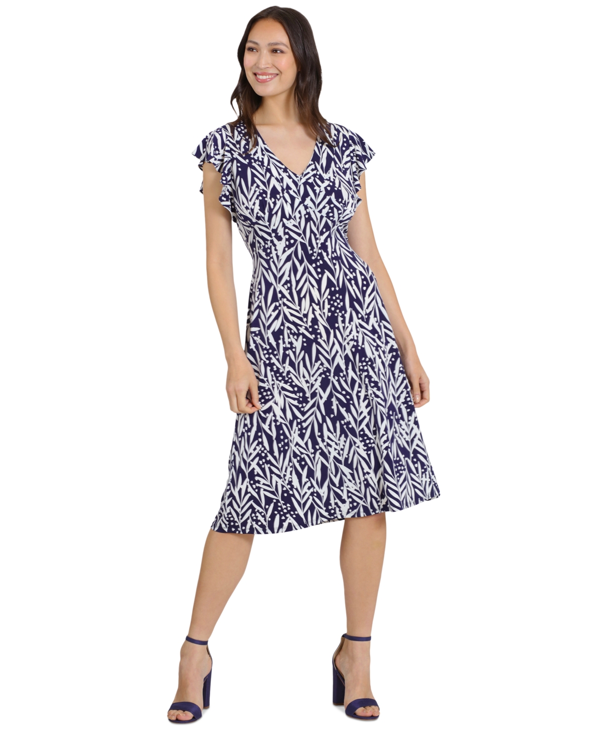 Petite Printed Flutter-Sleeve Dress - Navy/ivory