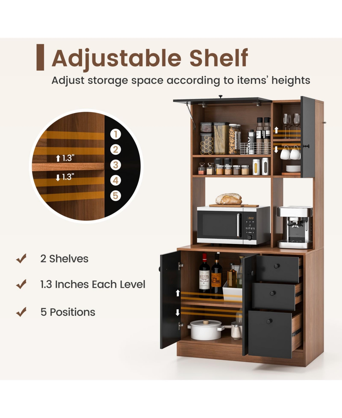 Sugift Kitchen Pantry with 3 Storage Cabinet and 3 Deep Drawers