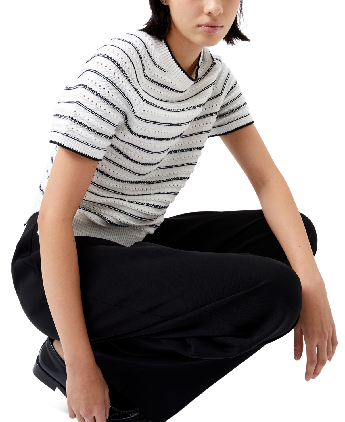 French Connection Women's Oskie Pointelle Cotton Knit Top -WHITE