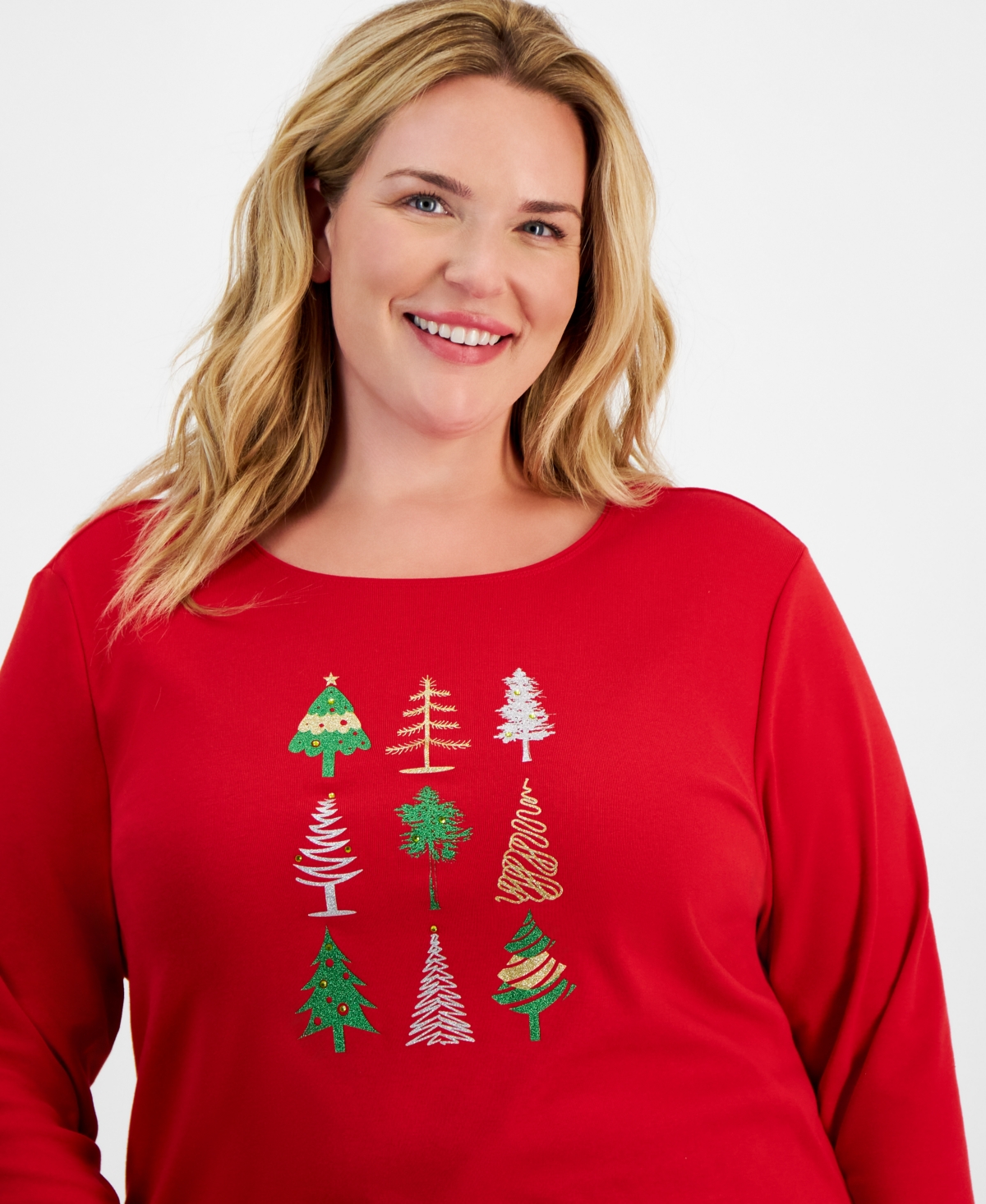 Holiday Lane Plus Size Festive Tree Long-Sleeve Top, Created for Macy's