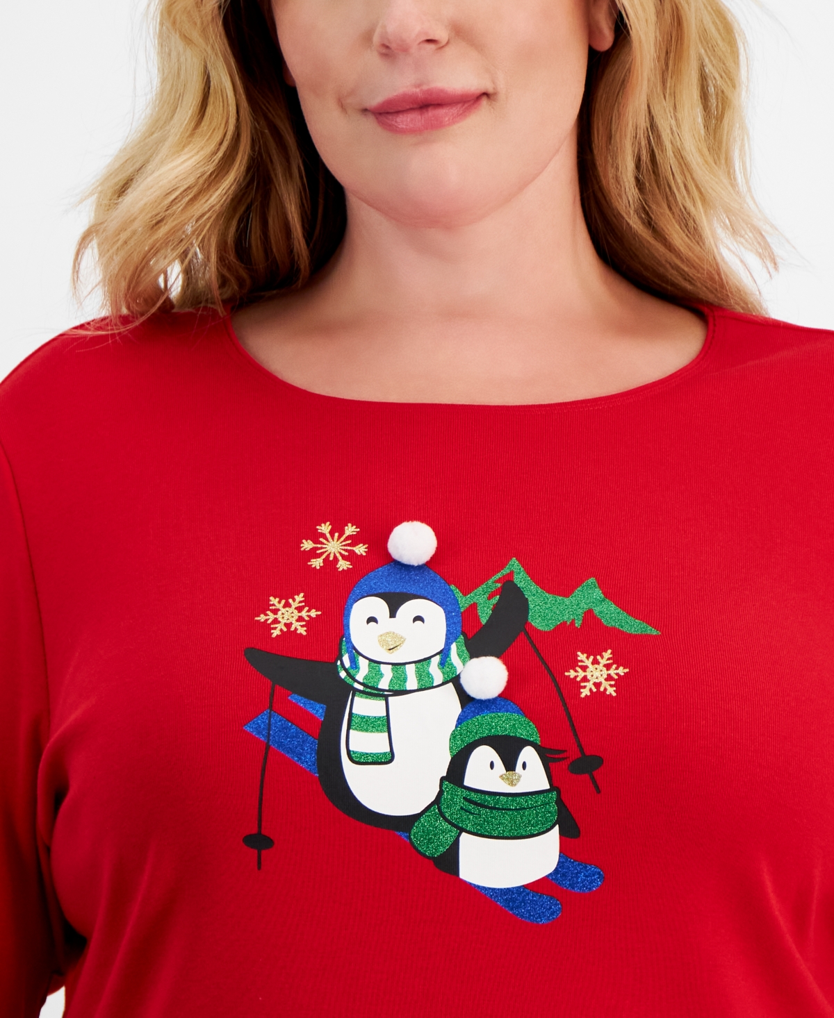 Holiday Lane Plus Size Penguin Play Long-Sleeve Top, Created for Macy's