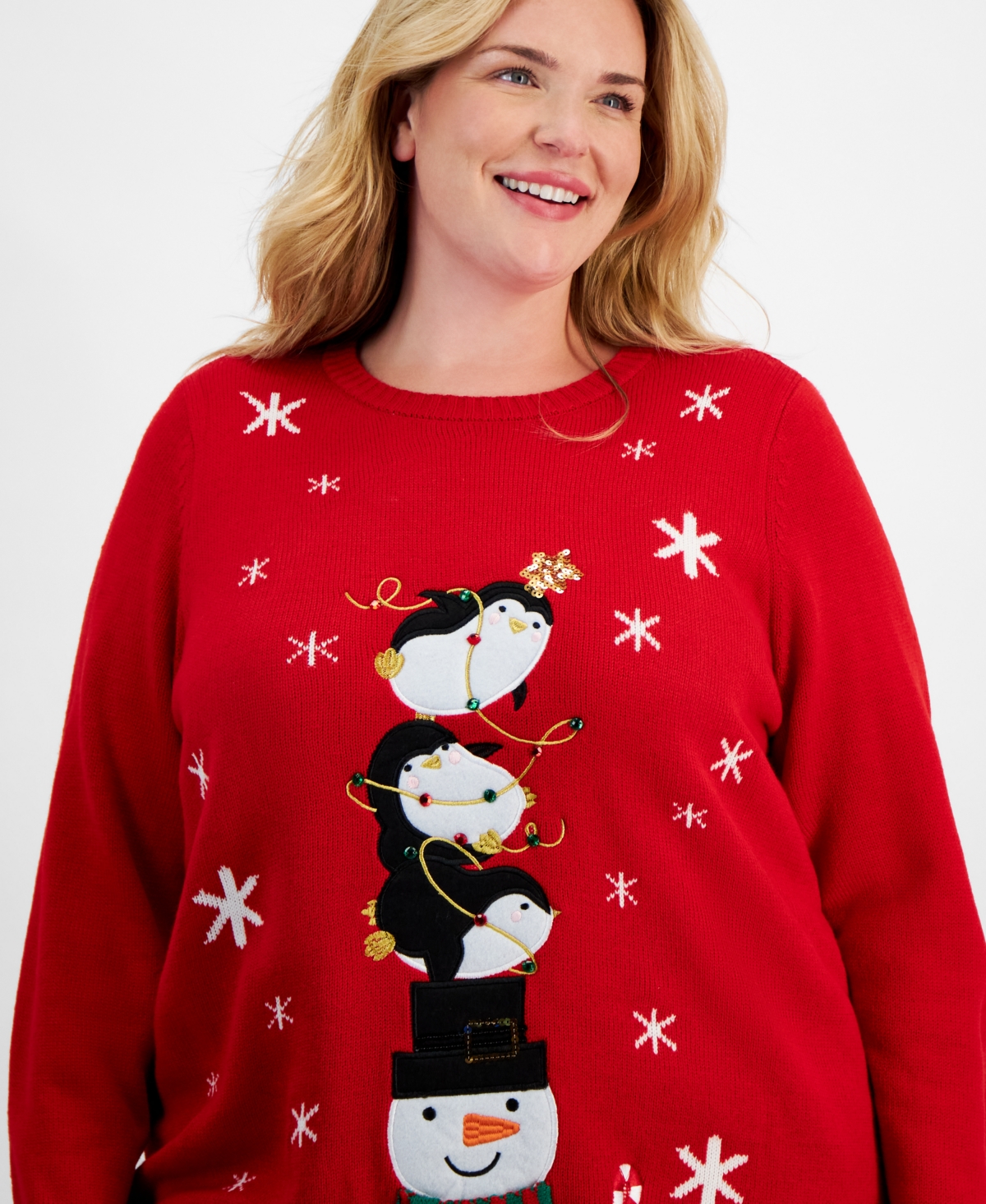 Holiday Lane Plus Size Penguin Appliqued Crewneck Sweater, Created for Macy's