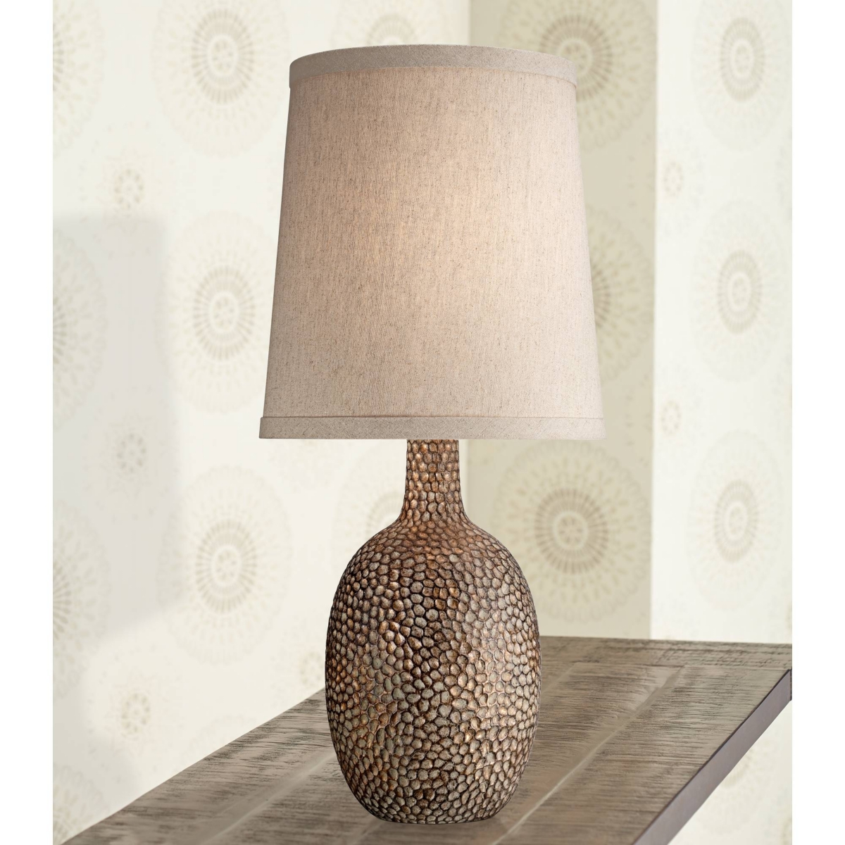 360 Lighting Chalane Rustic Farmhouse Accent Table Lamp High Antique Bronze Hammered Texture Natural Beige Linen Fabric Shade for Living Room Be