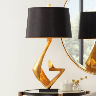 Zeus Modern Mid Century Table Lamp 28 1/2" Tall Sculptural Gold Leaf Metal Black Drum Shade Bedroom Living Room Bedside Nightstand