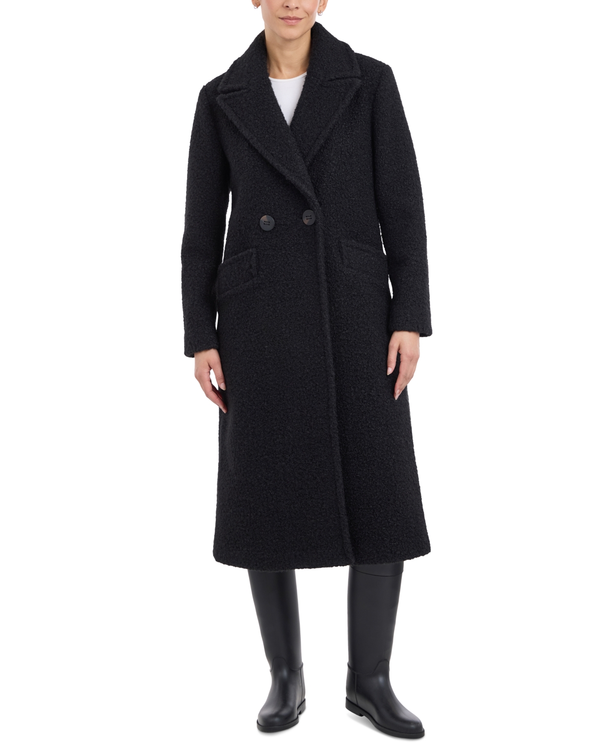 Women's Double-Breasted Boucle Walker Coat - Black