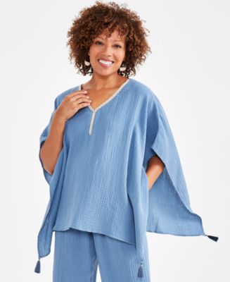 売れ筋商品|||ジェイエムコレクション カットソー トップス レディース Petite Embellished-Neck Tassel-Trim Poncho Top, Created for Macy's Bayswater JM Collection Petite Embellished-Neck Tassel-Trim Poncho Top