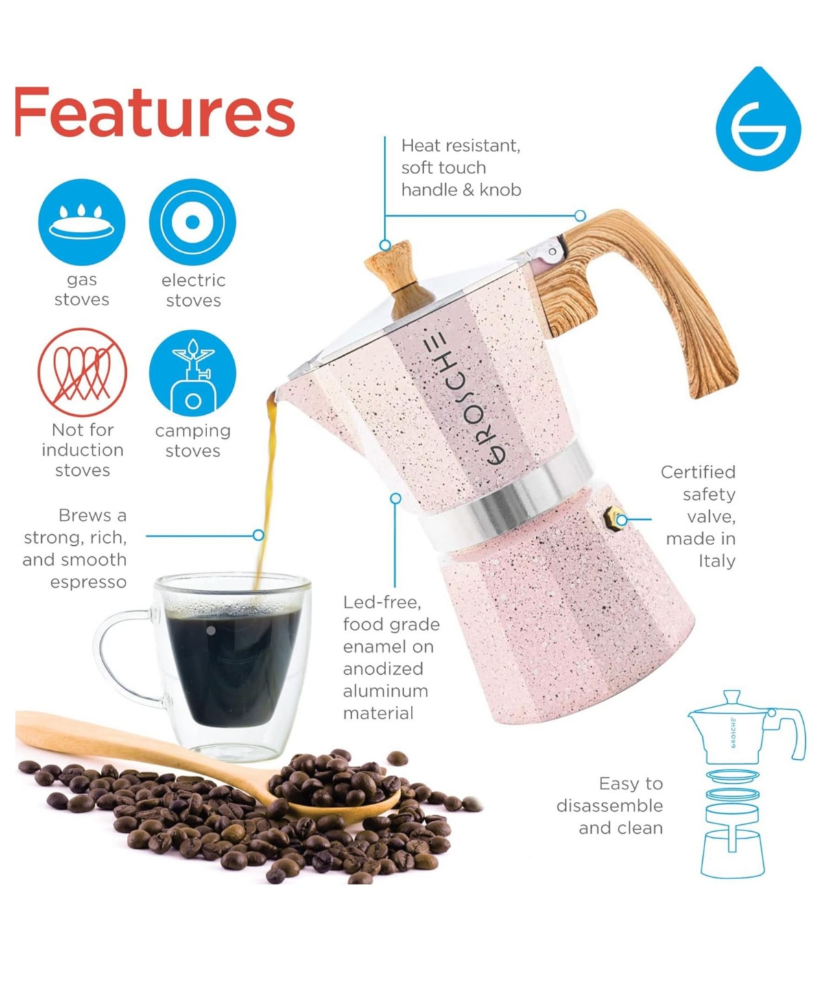 Grosche Milano Stone Cafe Bliss: Moka Pot Frother Duo In Blush Pink