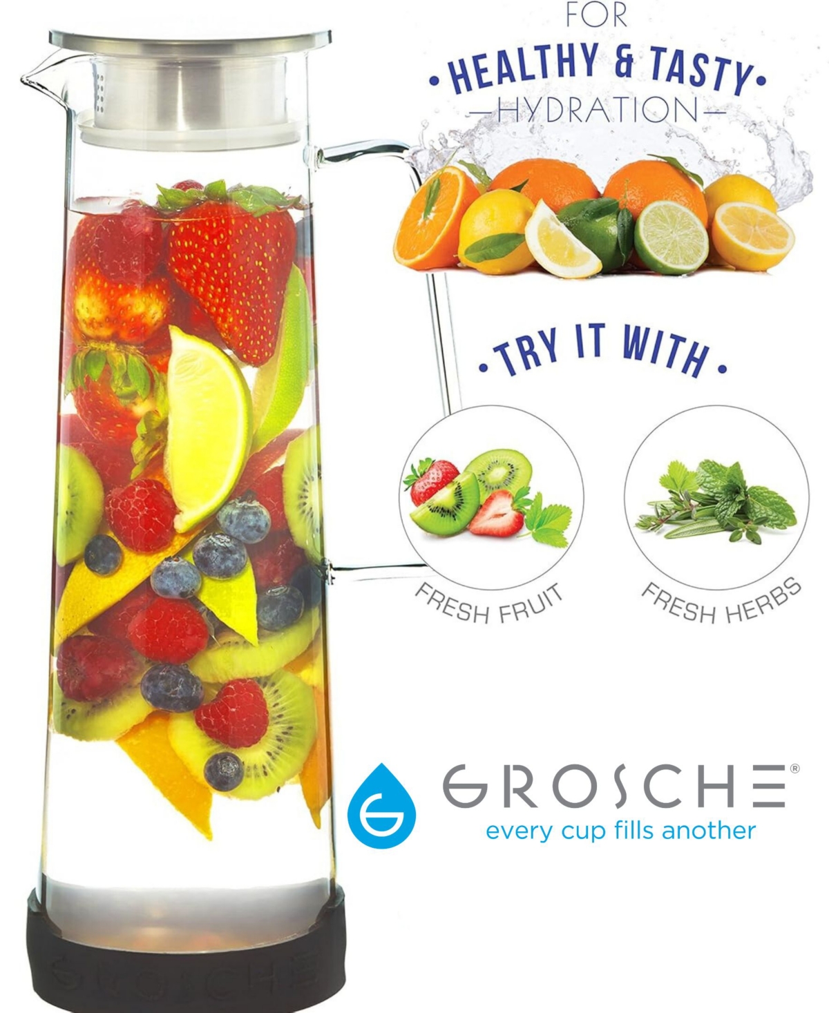 Grosche Ultimate-infusion Pour Share Set:bali Water Infuser Pitcher With 2 Sets Of Fresno Glass Mugs In Glass