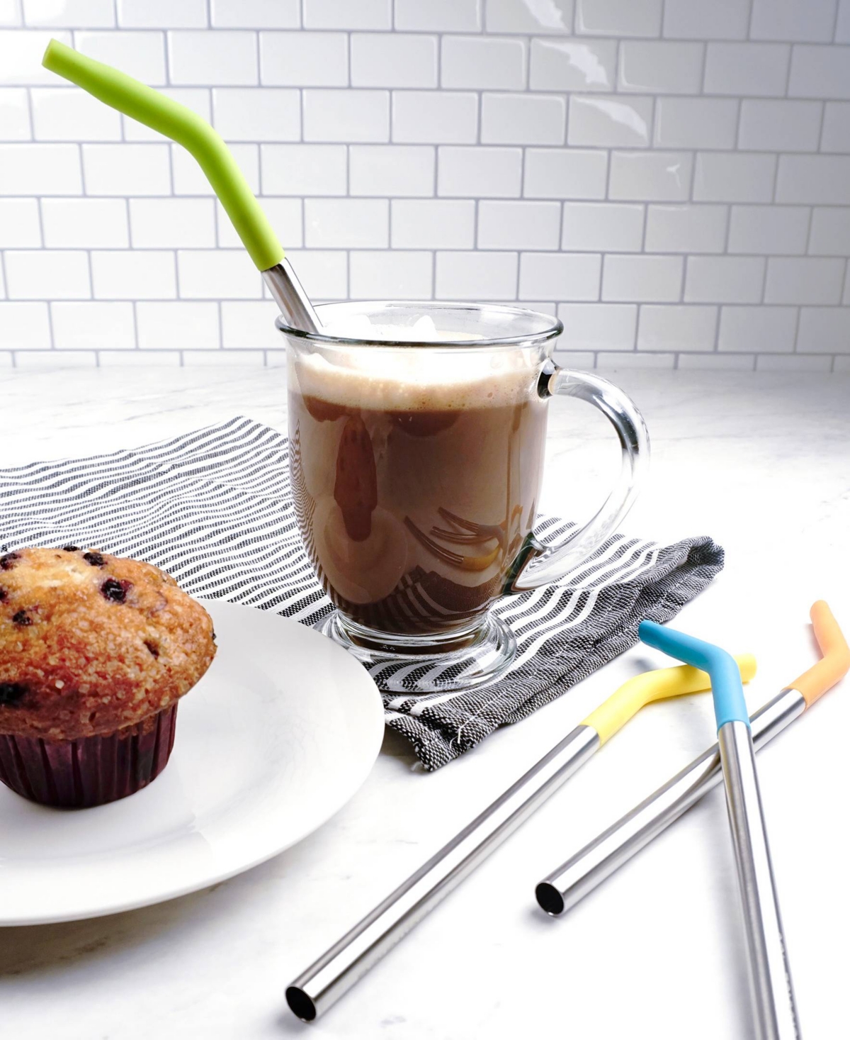 RSVP INTERNATIONAL ENDURANCE STAINLESS STEEL 5 PIECE 9" SILICONE TIP STRAW AND BRUSH SET 