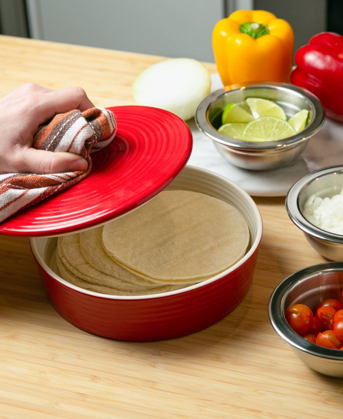 Rsvp International 8.5" D Stoneware Red Tortilla Warmer In Red