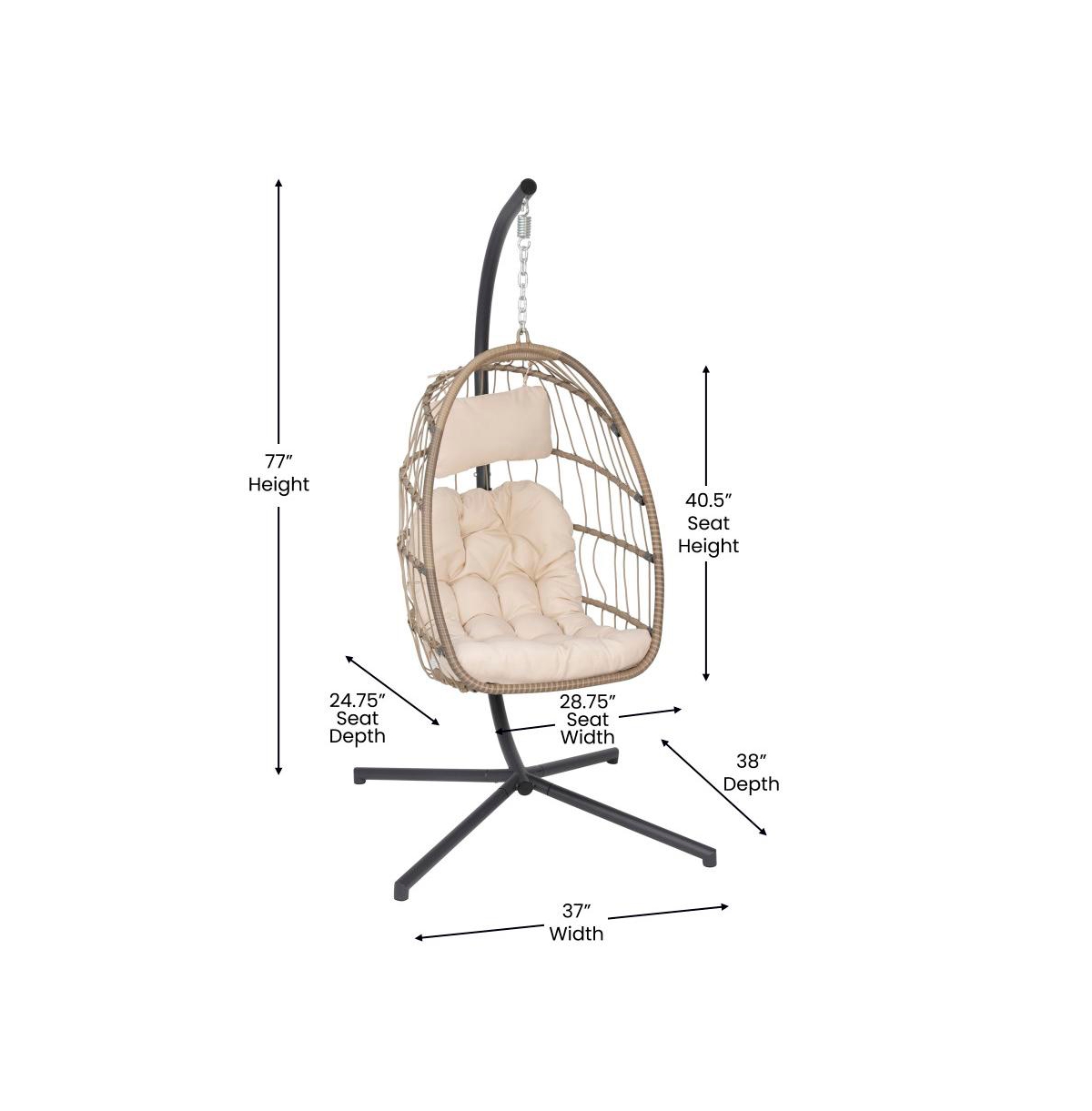 Merrick Lane Riley Foldable Woven Hanging Egg Chair With Removable Cushion And Stand For Indoor And Outdoor Use