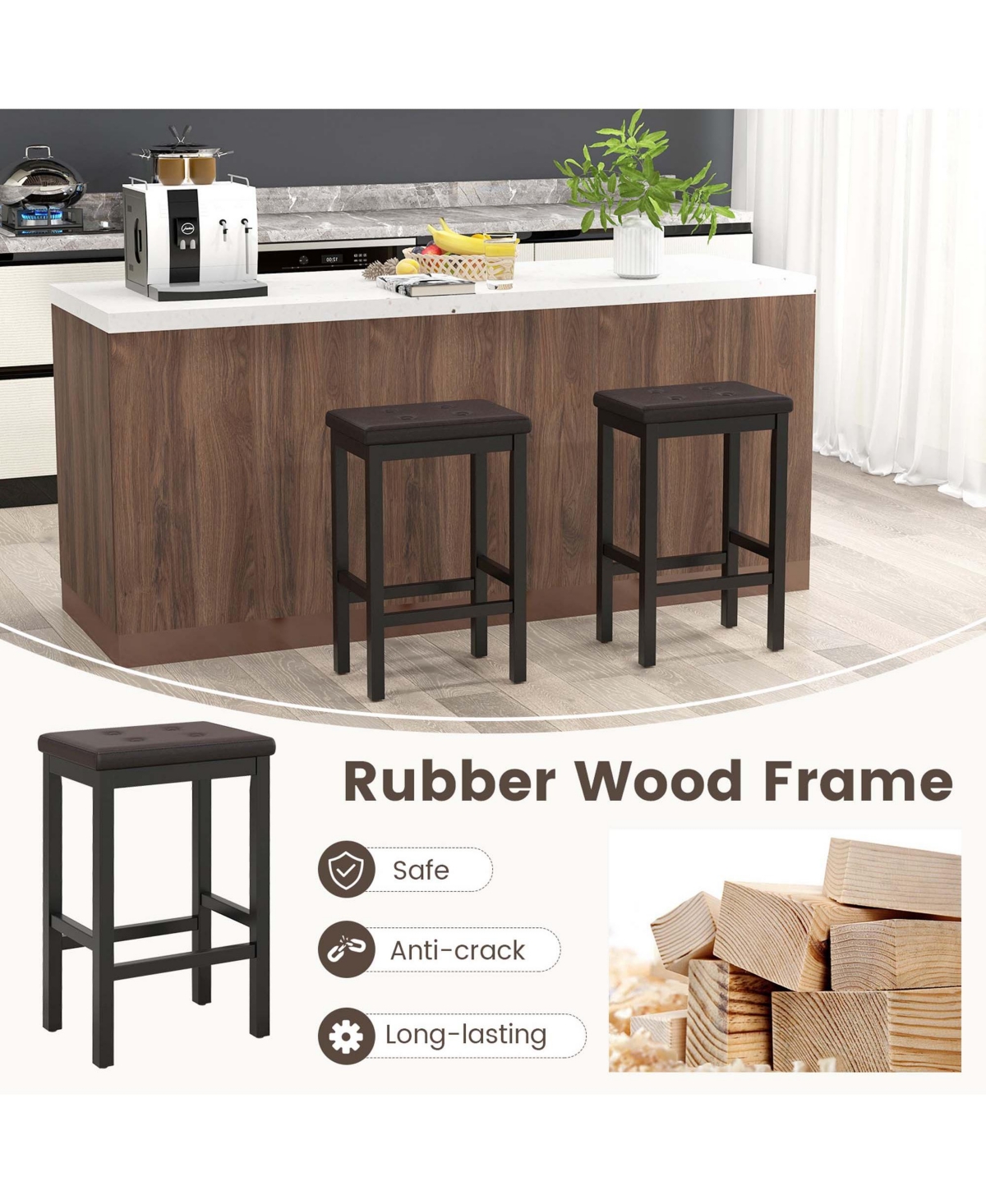 Costway Set of 2 Rubber Wood Bar Stools Counter Height Stool with Padded Seat