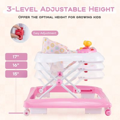 Foldable Baby Walker with 3 Adjustable Heights Comfy Padded Seat Music Tray