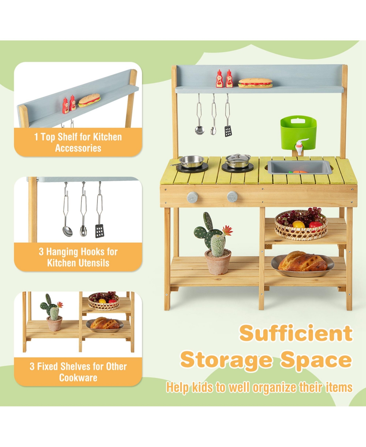 Outdoor Mud Kitchen Set, Outdoor Play Kitchen Set with Removable Water Box