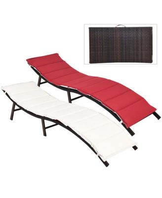 2PCS Patio Rattan Folding Lounge Chair Stackable Double Sided Cushion Outdoor