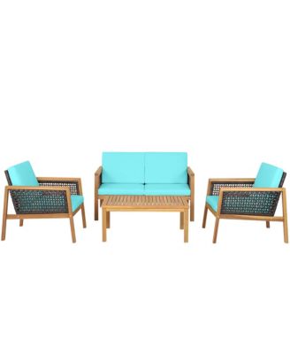 4PCS Patio Acacia Wood Furniture Set PE Rattan Conversation Set w/ Turquoise Cushions