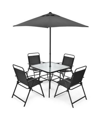 6PCS Patio Furniture Dining Set Folding Chairs Glass Table W/Umbrella Deck