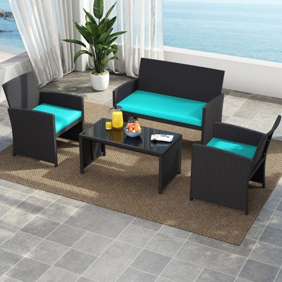 4PCS Patio Rattan Furniture Conversation Sets Cushion Sofa Table Garden