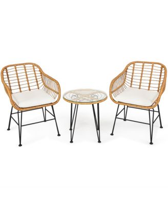 3PCS Patio Rattan Bistro Furniture Set Cushioned Chair Table