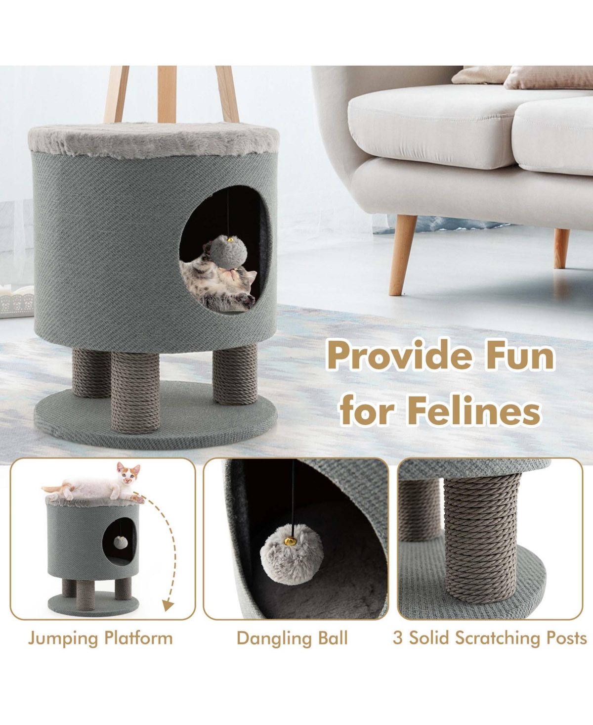 Costway 3-in-1 Cat Condo Stool Kitty Bed with Scratching Posts & Plush Ball Toy