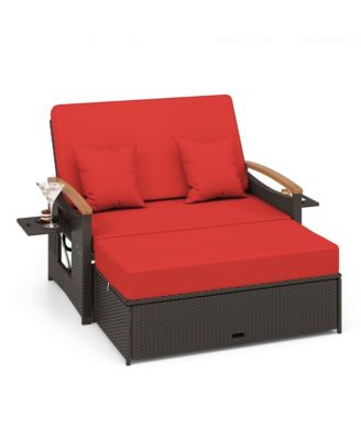 Patio Rattan Daybed Set with Cushioned Loveseat & Storage Ottoman for Porch