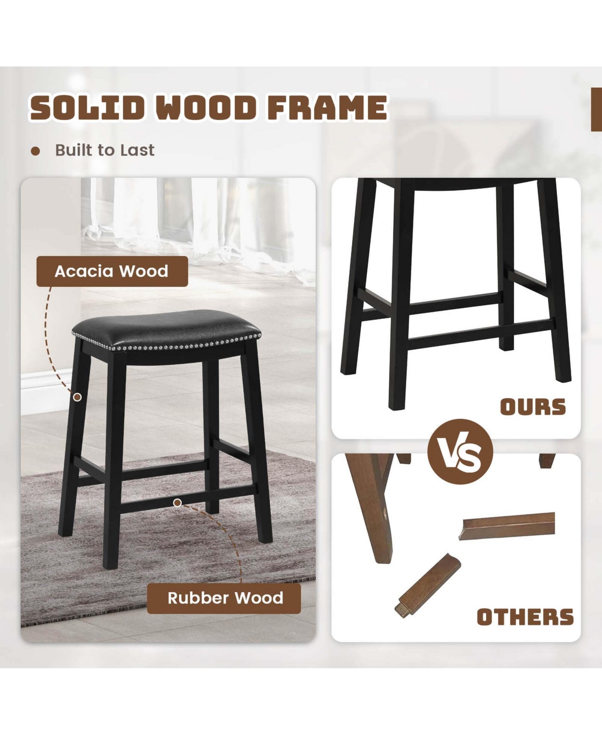 Costway 26-Inch Bar Stool Set of 2 Counter Height Saddle Stools with Upholstered Seat