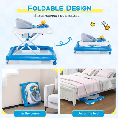 Foldable Baby Walker with 3 Adjustable Heights Comfy Padded Seat Music Tray
