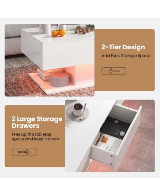 LED Coffee Table with 2 Drawers 20-Color Dimmable LED Lights & Remote Control