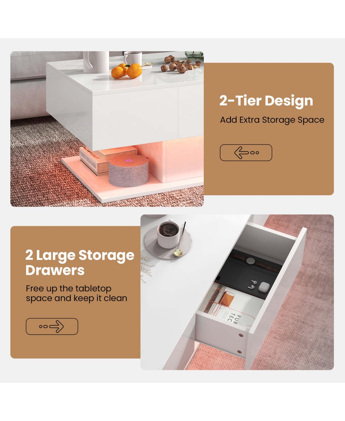 Costway Led Coffee Table with 2 Drawers 20-Color Dimmable Led Lights & Remote Control