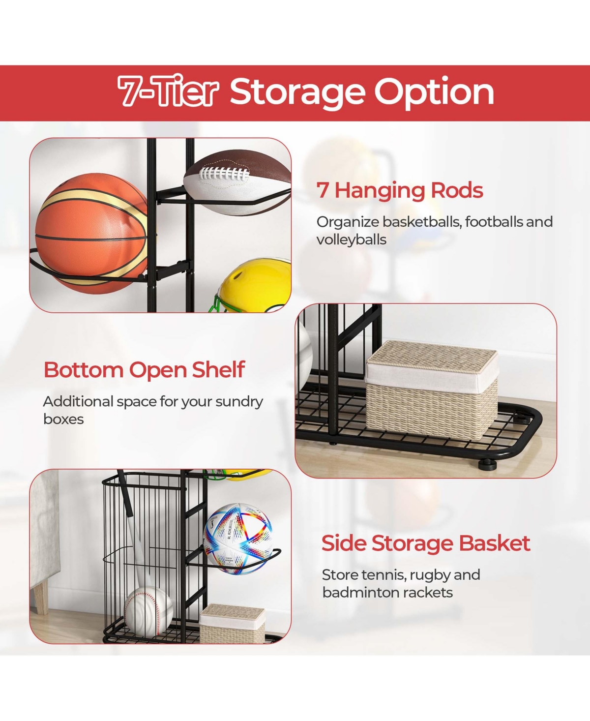 7-Tier Ball Storage Rack with 7 Removable Hanging Rods & Side Ball Basket