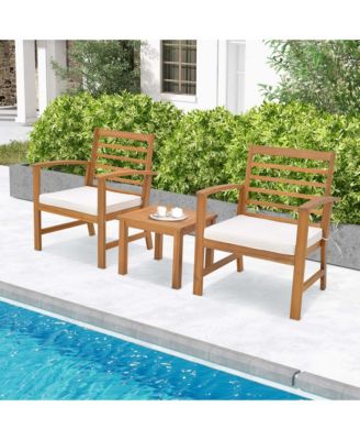3 PCS Outdoor Furniture Set Acacia Wood Conversation Set with Soft Seat Cushions