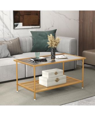 2-Tier Coffee Table with Shelf with Tempered Glass Top & Metal Frame Living Room