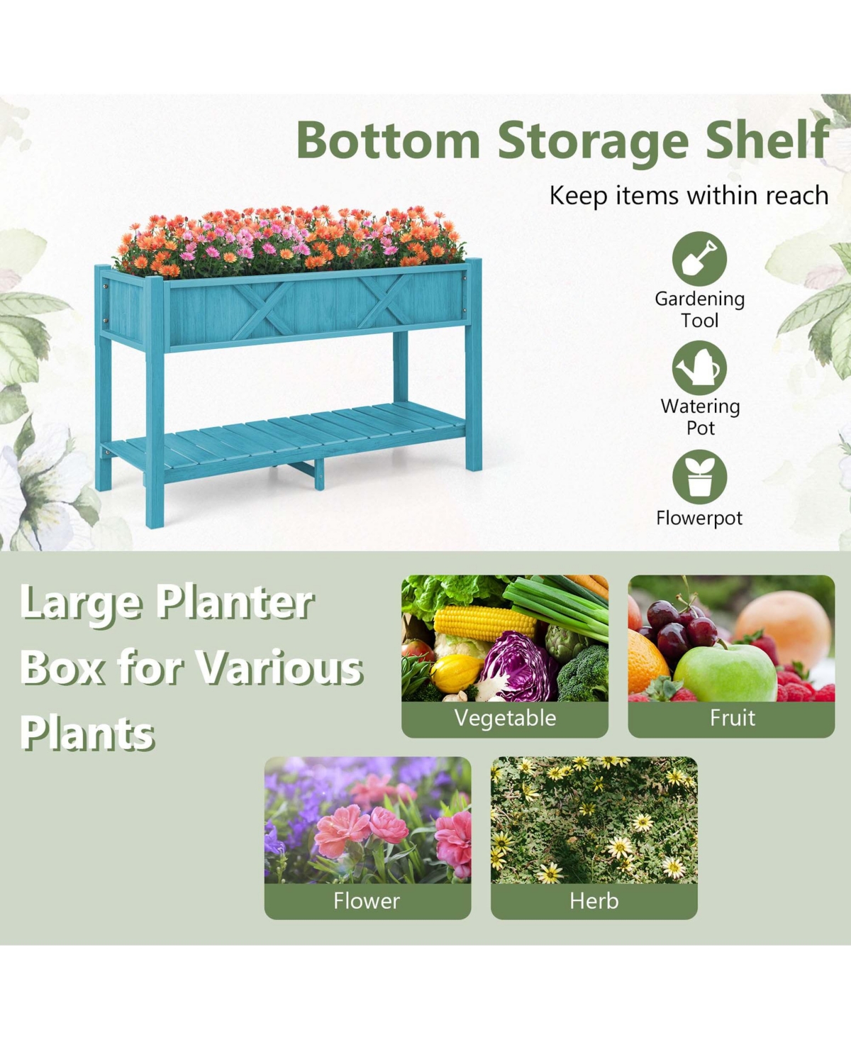 Costway Hips Raised Garden Bed Poly Wood Elevated Planter Box with Legs, Storage Shelf