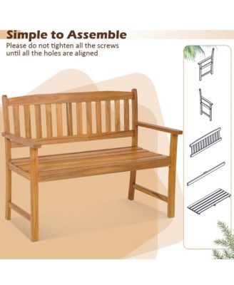 Patio Acacia Wood Bench 2-Person Slatted Seat Backrest