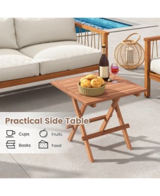 2 Pieces Indonesia Teak Wood Folding End Table Square Side Table w/ Slatted Tabletop Yard Natural