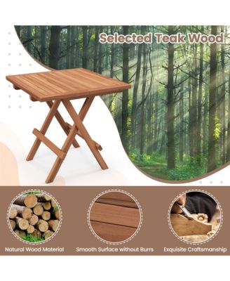 2 Pieces Indonesia Teak Wood Folding End Table Square Side Table w/ Slatted Tabletop Yard Natural