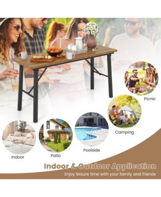 Patio Folding Picnic Table Acacia Wood Dining Table w/ Metal Frame