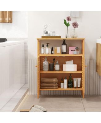 Bamboo Floor Cabinet Bathroom Storage Cabinet Storage Organizer w/ Shutter Doors