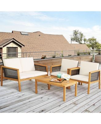 8PCS Patio Acacia Wood Furniture Set PE Rattan Conversation Set w/ Off White Cushions