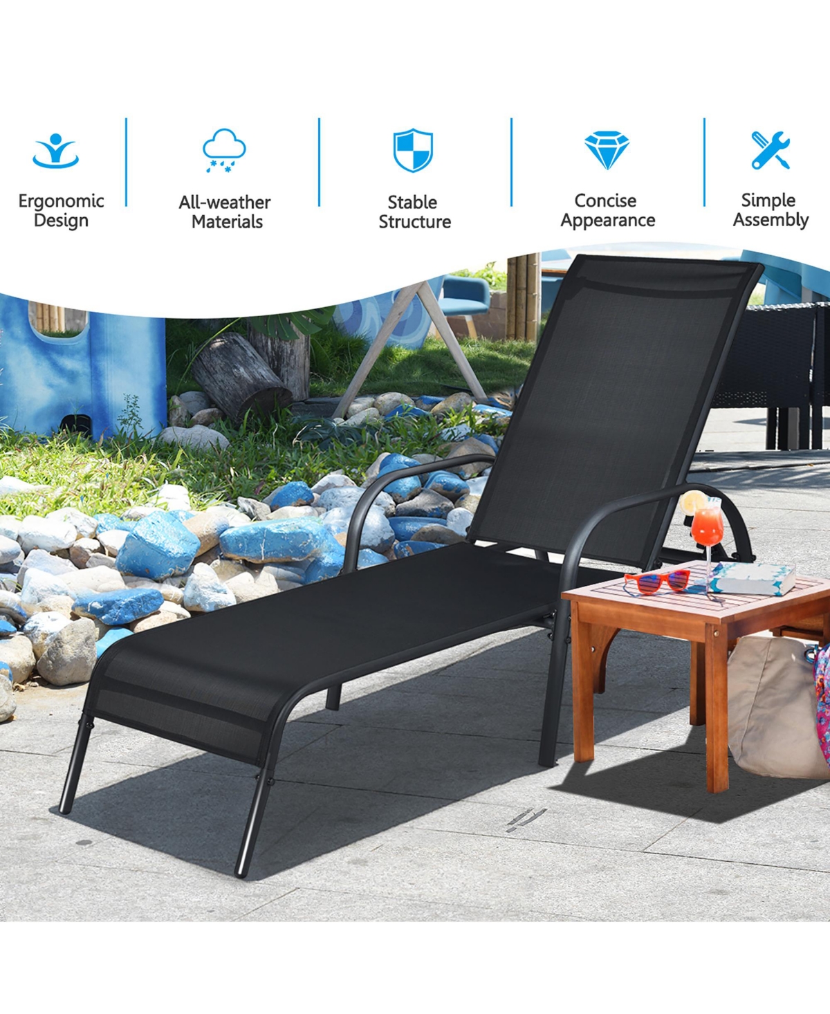 Set of 2 Patio Lounge Chairs Sling Chaise Lounge Recliner Adjustable