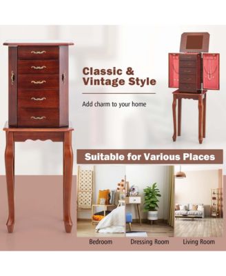Jewelry Cabinet Storage Chest Stand Organizer Wood Box for Home Walnut