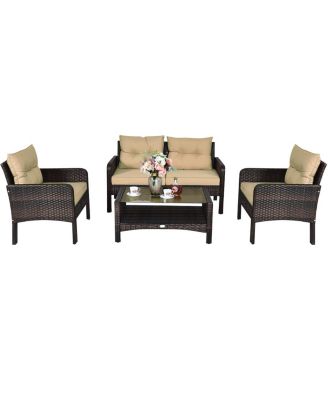 4PCS Patio Rattan Furniture Set Loveseat Sofa Coffee Table Garden
