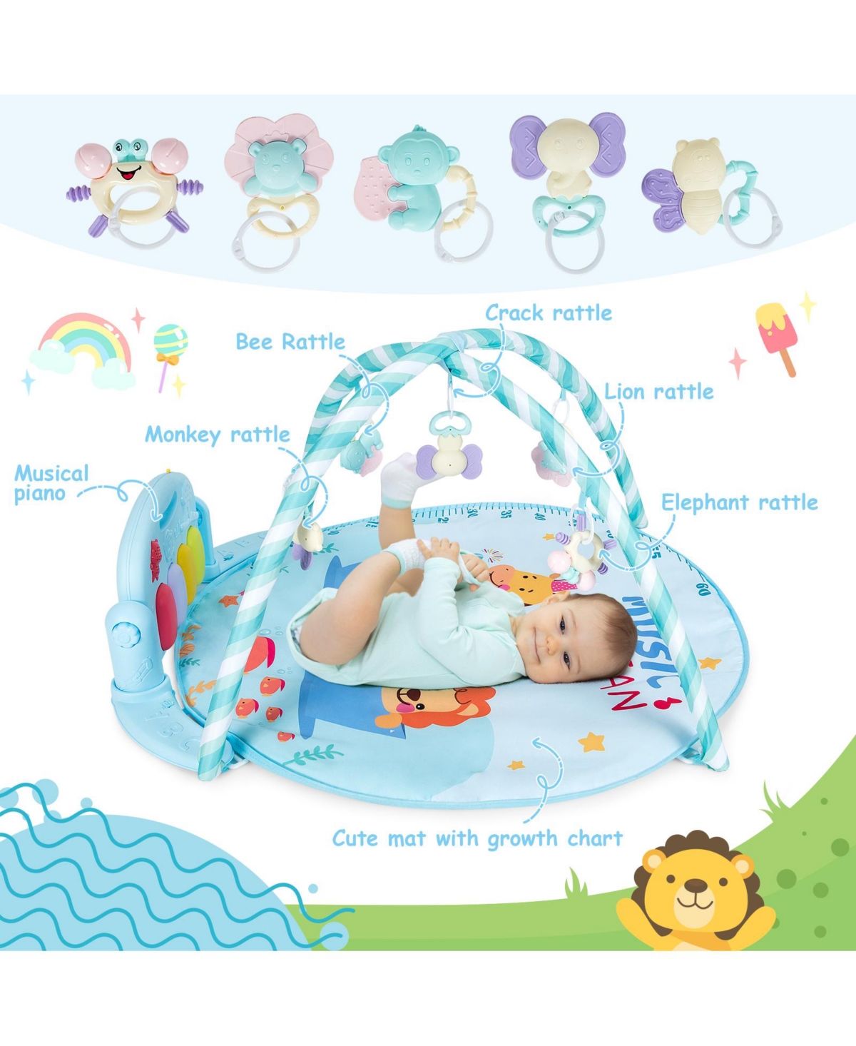 Costway Baby Gym Baby Play Mat Piano Gym w/ 5 Hanging Sensory Toys