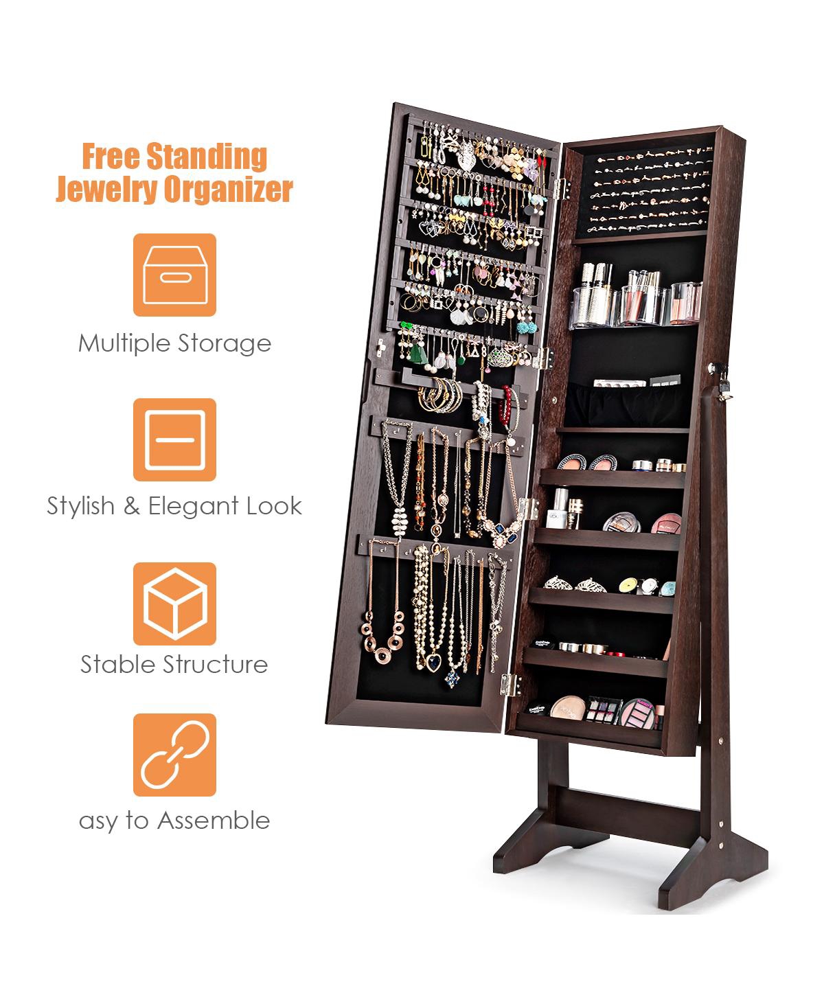 Costway Jewelry Cabinet Stand Armoire Box Lockable Organizer w/ Full Screen Mirror